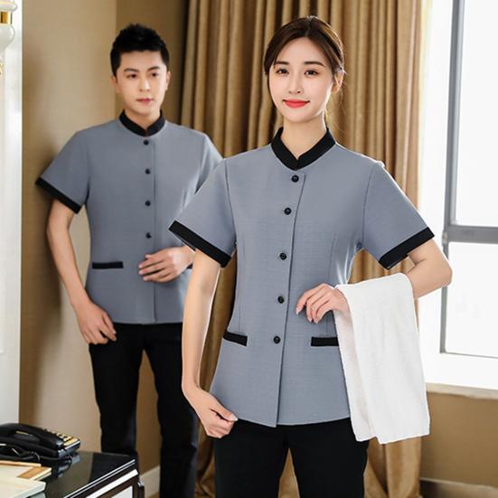 Hotel Housekeeping Uniform Women Slim Fit Top Stand Collar Short Sleeve Single Breasted Pockets Work Uniform Tops