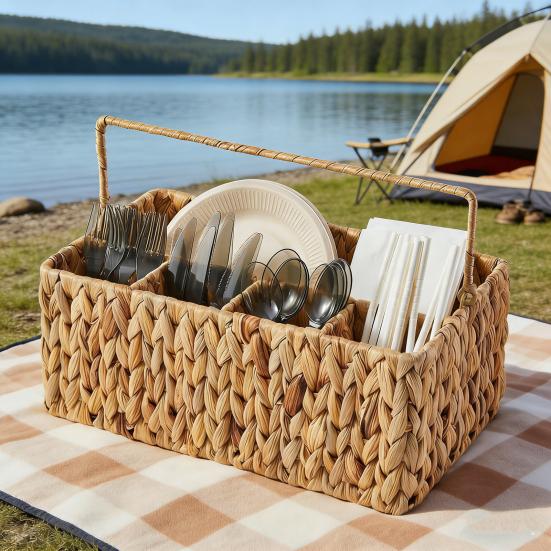 Utensil Caddy with 5 Compartments Hand-woven Storage Basket with Handle Rustic Cutlery Flatware Organizer for Picnic BBQ Kitchen Countertop Storage