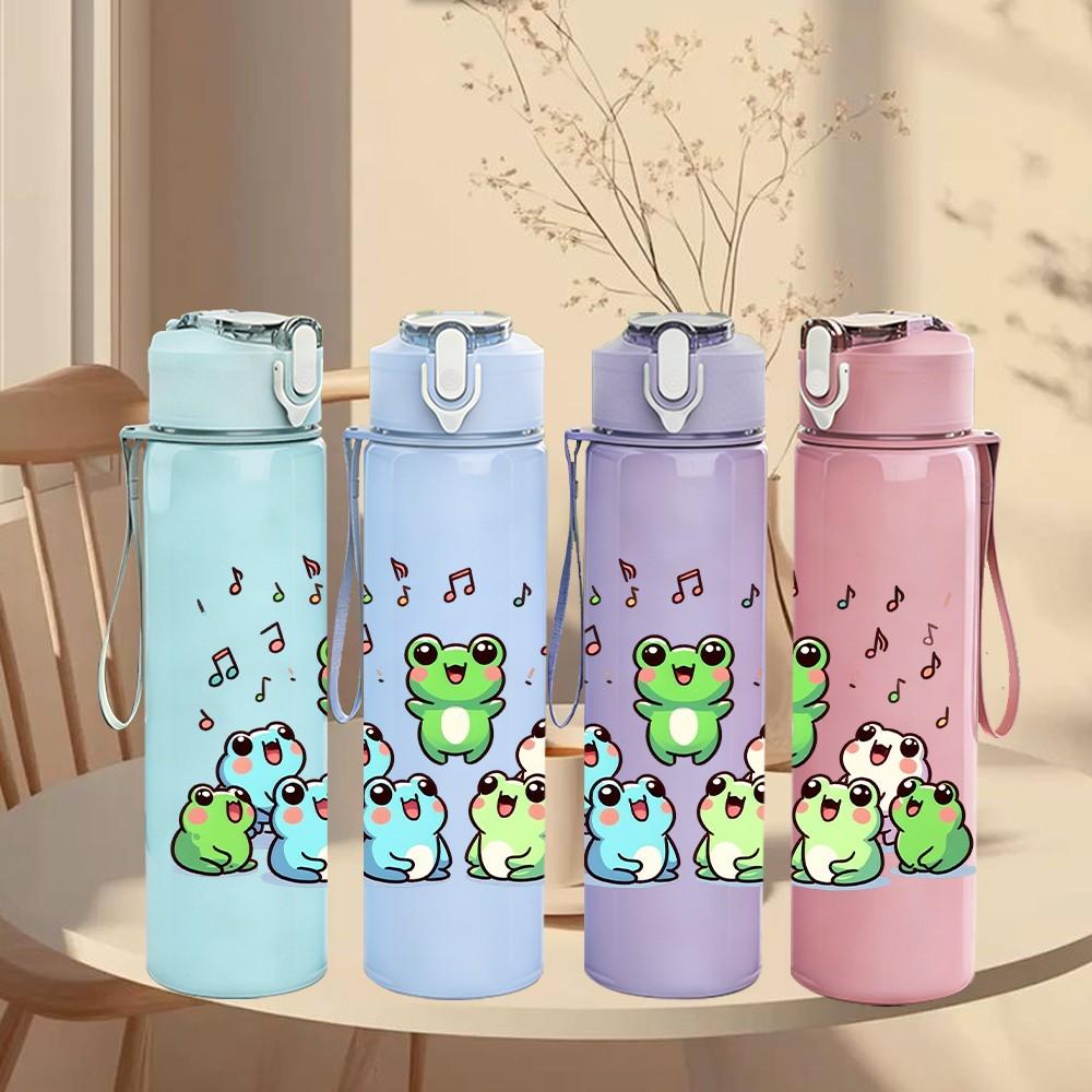 1PC Frog Group Music Party Cartoon Print 750ml Color Plastic Sports Water Bottle Leakproof Flip Straw Lid Suitable for Sports Office Home Use