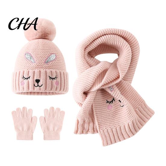 Windproof Cold Weather Gear for Children Winter Hat Gloves Scarf Set Kids, Warm Knitted Pompom Hat, Cute Cozy Apparel Ages 2 to 6 Bunny Embroidery,
