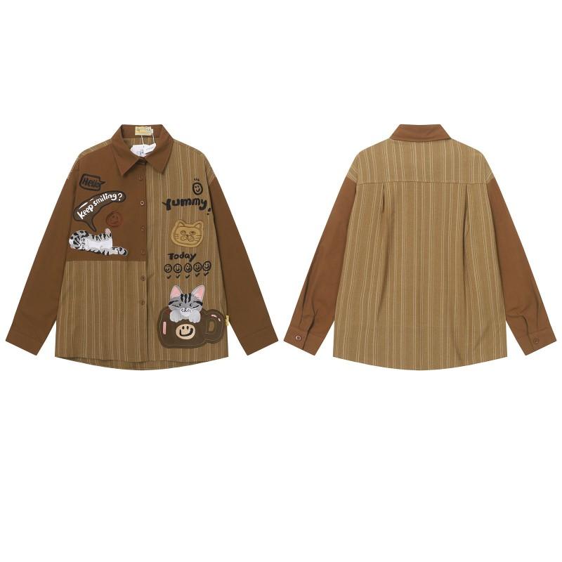 American Vintage Color Block Cat Embroidery Long Sleeve Shirt Loose Casual Top Couples