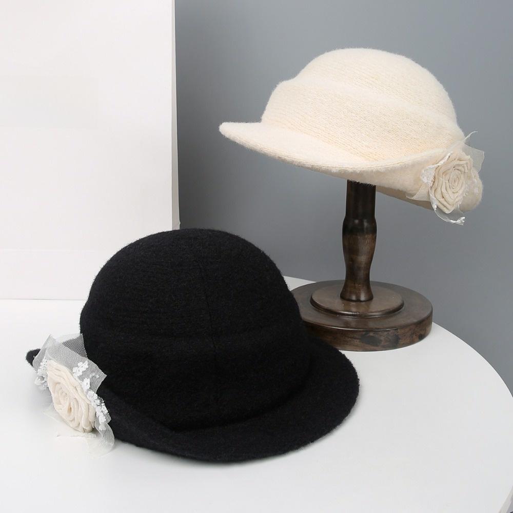 Floral Black Knitted Hat Lace Women Fisherman Hat Fashion Hepburn Style Topper Hat Wedding