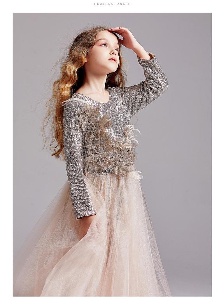 Девочковое блестящее платье-пачка принцессы, с длинным рукавом, для выступлений и банкетов