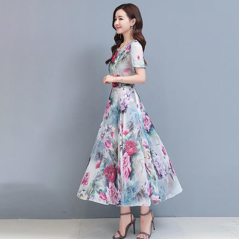New Elegant Floral Fashion Dress Women's Summer Fashion Cover Belly Slim Long Flowing Dress Beach Skirt.
