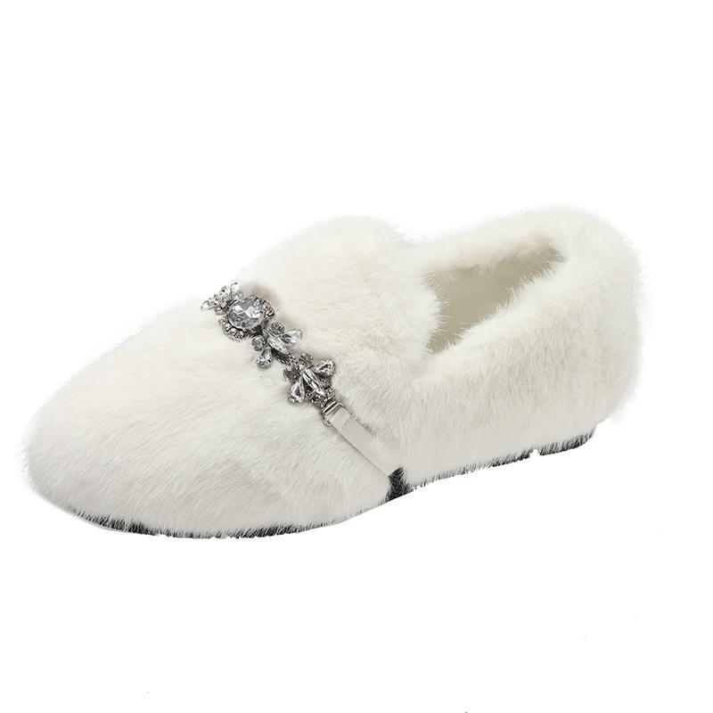 Женские шерстяные туфли Cross Fluffy Casual Concise Теплые короткие плюшевые балетки 2024 года Модные аксессуары Diamond Pearl Lazy Shoes Winter