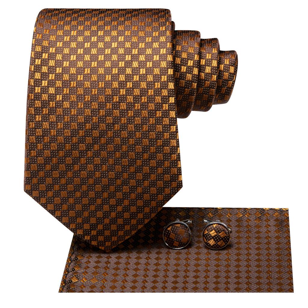 Hi-Tie Dark Gold Plaid Jacquard Mens Silk Tie Classic Necktie Cufflink Hanky Set