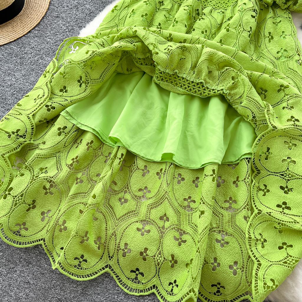 Весна-лето Женские V-образные вырезы с рукавами-фонариками Вышитые кружевные длинные макси вечерние платья