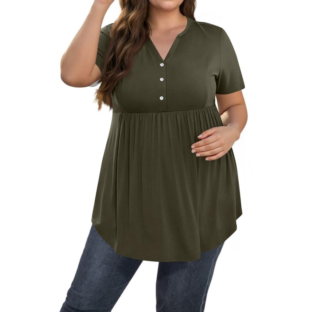 Women's Solid Color Large Size V Neck Button-Up Top Casual Short Sleeve Flowy Top