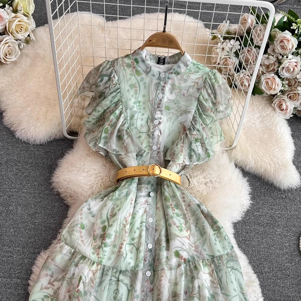Summer Elegant Flower Chiffon Long Maxi Beach Holiday Dress Women's Butterfly Sleeve O Neck Single-Breasted Belt Floral Print Party Robe