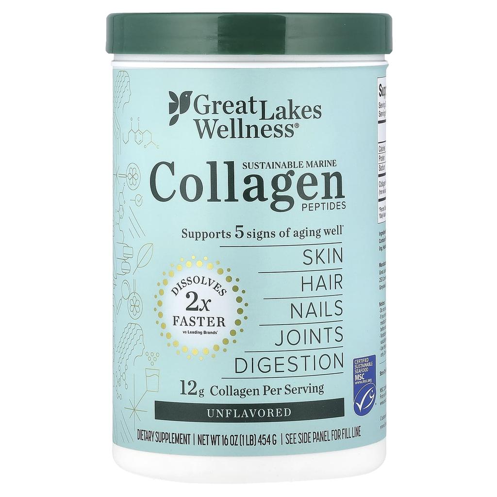 Great Lakes Wellness, Sustainable Marine Collagen Peptides, Unflavored, 16 Oz (454 G)