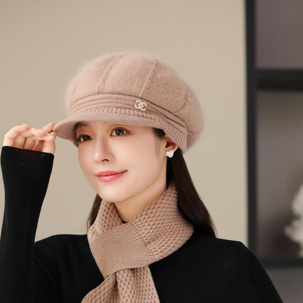 Плюс Бархатная Теплая Шапка-Ведро Вязаная Шапка-Рыбак Шарф Защищающий от Холода для Пожилой Бабушки Тренд Осенне-Зимней Шапки