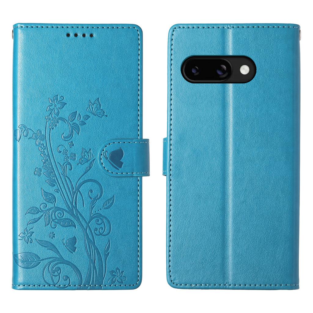 For Google Pixel 9a Wallet Case Butterfly Floral Imprint PU Leather Phone Cover with Wrist Strap