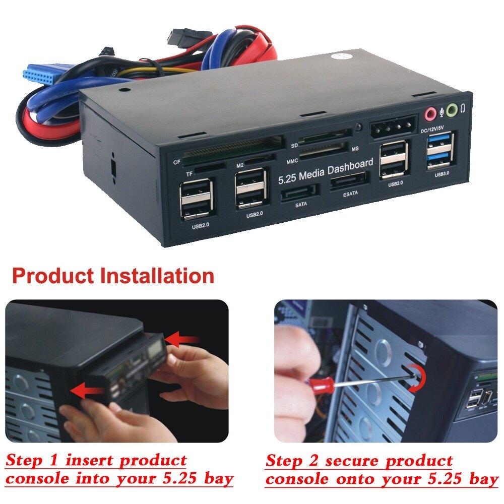 GSE Multi-Function USB 3.0 Hub eSATA SATA Port Internal Card Reader PC Dashboard Media Front Panel Audio for SD MS CF TF M2 MMC Memory Cards Fits