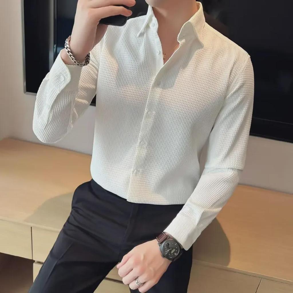 Men's New Long Sleeve Waffle French Business Shirt - Autumn/Winter Fashion