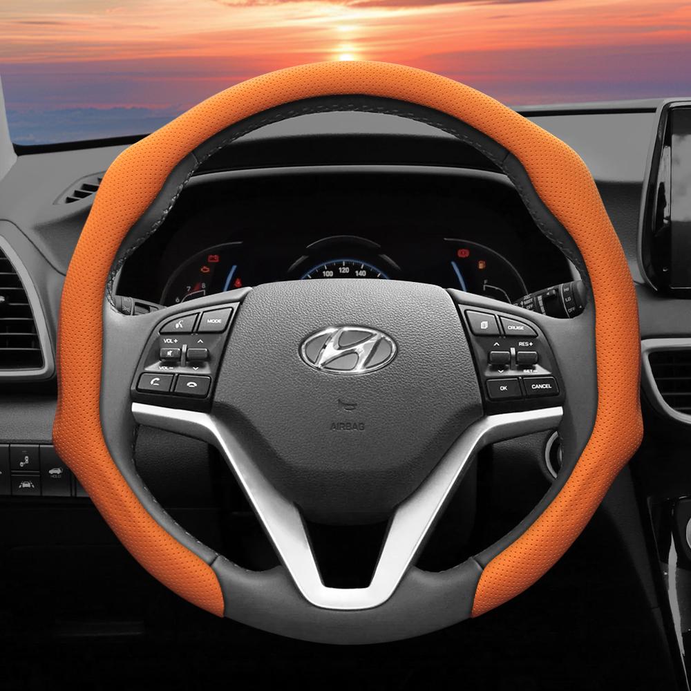 Подходит для Hyundai, Кожаная перфорированная накладка на рулевое колесо, Нескользящая, Впитывающая пот, Дышащая, Интегрированный защитный чехол Elantra N Sonata Ioniq