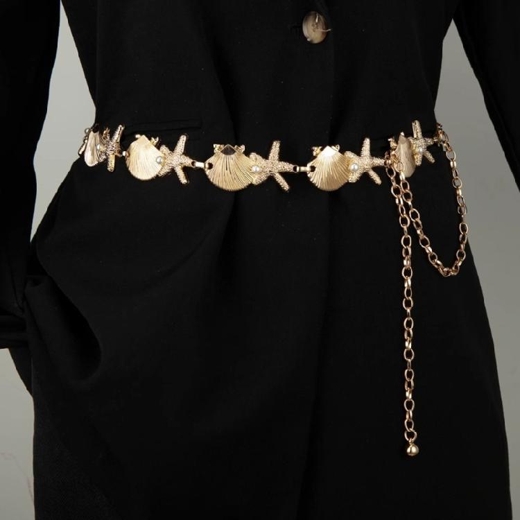 Sea Star Waist Chain Waist Ornament Belly Sash with Metal Shells and Pearls Accent For Ocean Themed Style Enthusiasts