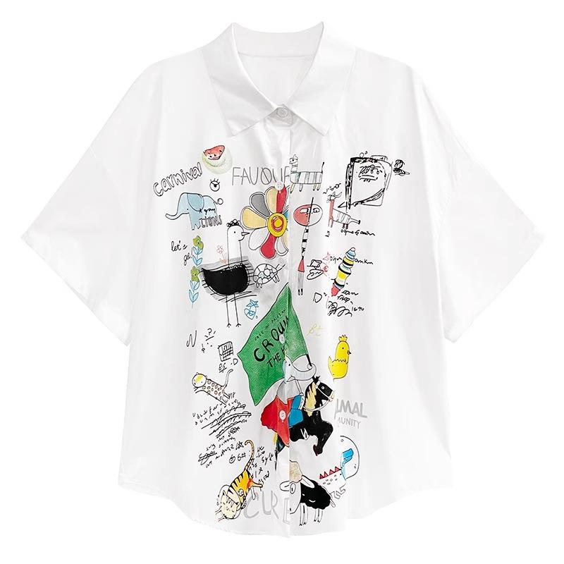 DIMANAF 2024 Плюс Размер Новая Летняя Стильная Блузка Винтаж Ретро Дизайн С Коротким Рукавом Красочный Принт Повседневная Рубашка Женская Свободная Рубашка Рубашка С Принтом