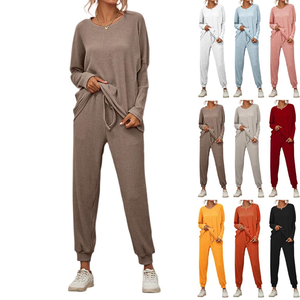 Women's 2 Piece Outfits Sets Ruched Long Sleeve Tops Wide Leg Pants Tracksuit Sets