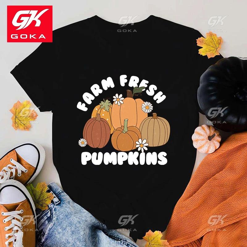 Premium Cotton T Shirt Cute Fall Farm Fresh Pumpkins Print T Shirts for Womens Lovely Short Sleeve Casual Cool Hip Hop Tops Tees