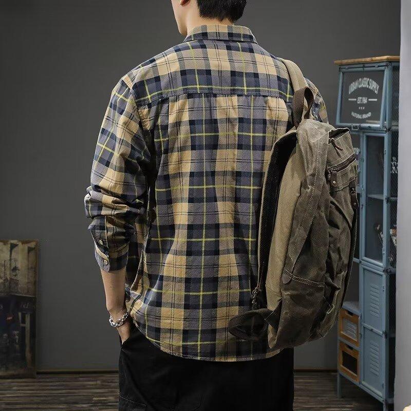 Мужская клетчатая ретро-американская рубашка с лацканами и длинными рукавами