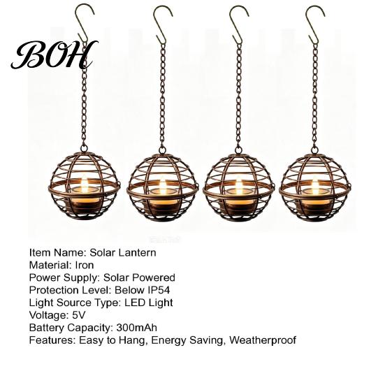 Rustic Iron Sphere Lamps Solar Hanging Lantern, Outdoor Waterproof Lantern with Tea Light, Durable Metal Lanterns Ball Candle Holder for Backyard
