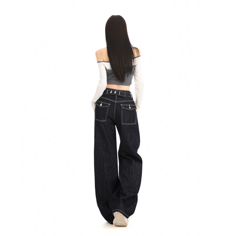 Autumn new back waist adjustable buckle design scimitar jeans women's retro loose wide-leg pants