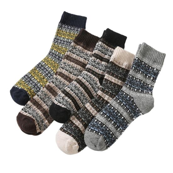 5 Pairs Men Winter Socks Mid-tube Thick Thermal Insulation Ethnic Style Home Bedroom Wear Floor Socks Colorblock Anti-slip Knitted Daily Wear Socks