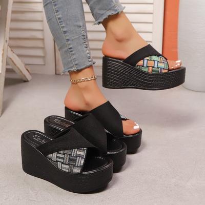 Модные лоскутные массивные женские модные клетчатые тапочки 2025 Новые сандалии на танкетке Женские летние на толстой подошве Пляжные Zapatos De Mujer