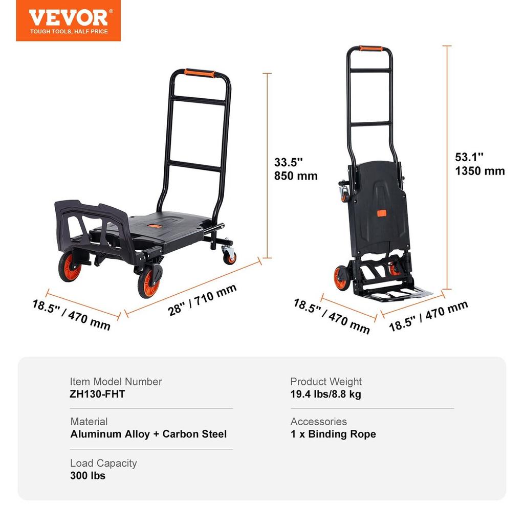 Aluminum Hand Truck, 2 in 1, 300 lbs Load Capacity, Heavy Duty Industrial Convertible Folding Hand Truck and Dolly, Utility Cart Converts from Hand