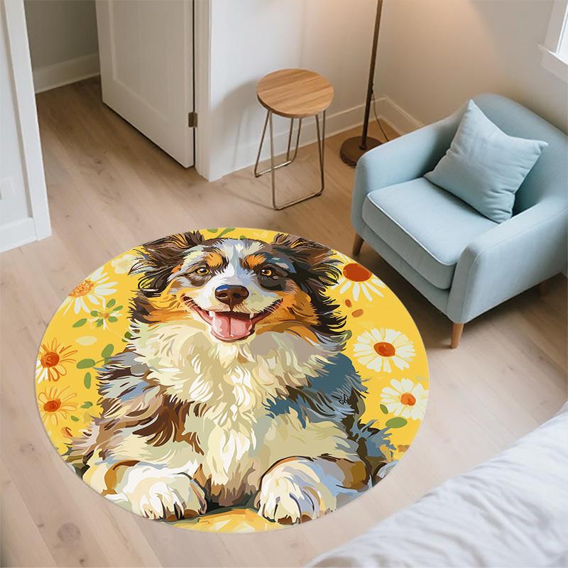 Dog on Yellow Background,Round Area Rug,Carpet Rug for Living Room Bedroom Sofa Playroom Decor,Non-slip Floor Mat