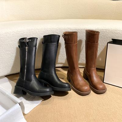 Ретро-ботфорты ниже колена, женские, с пряжкой на ремне, 4 года, новые, на толстом каблуке, длинные байкерские ботинки, женские, увеличивающие рост, длинные ботинки для женщин