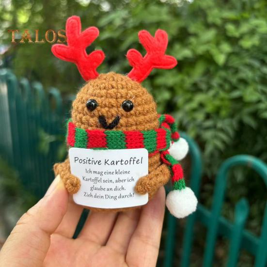 Positive Christmas Crochet Doll with Encouraging Card Emotional Support Handmade Knitting Santa Hat Potato Pickle Decoration Ornament Stress Relief