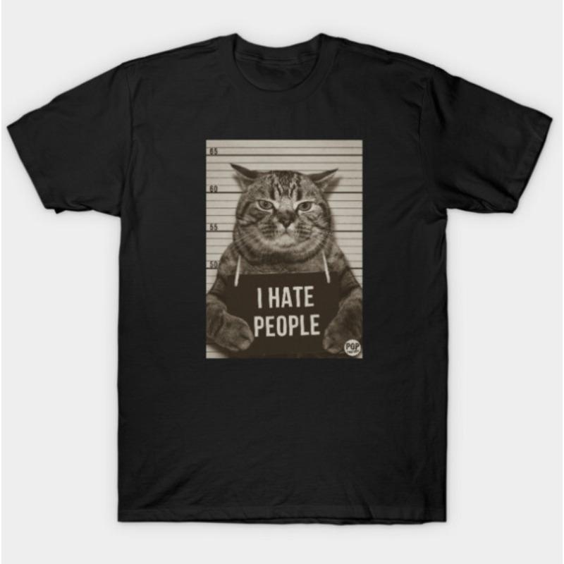 Funny I Hate People Cat with Sign Graphic Printed Black T Shirt Unique Anti Social Humor Design for Unisex Unisex Cool Streetwear