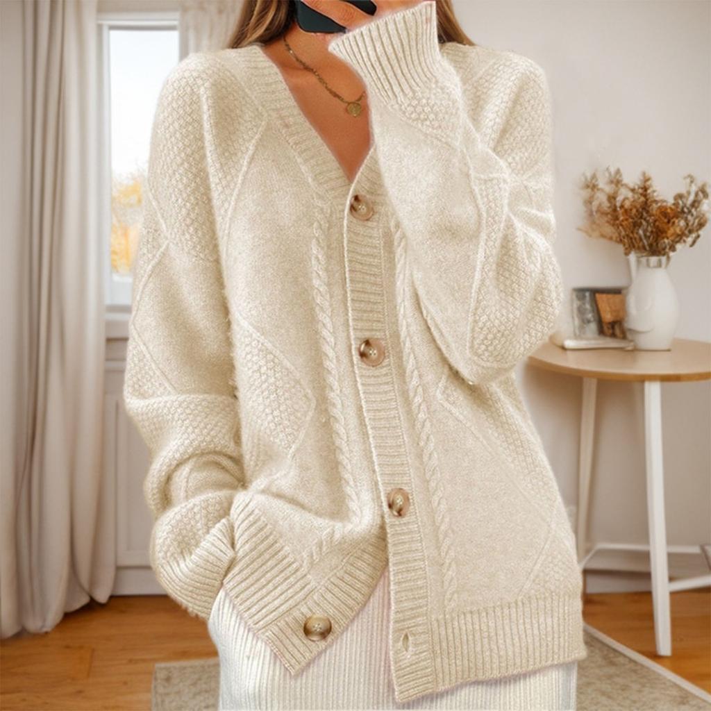 Women's Fashion Solid Color Long Sleeve V-Neck Knit Cardigan Button Sweater Jacket