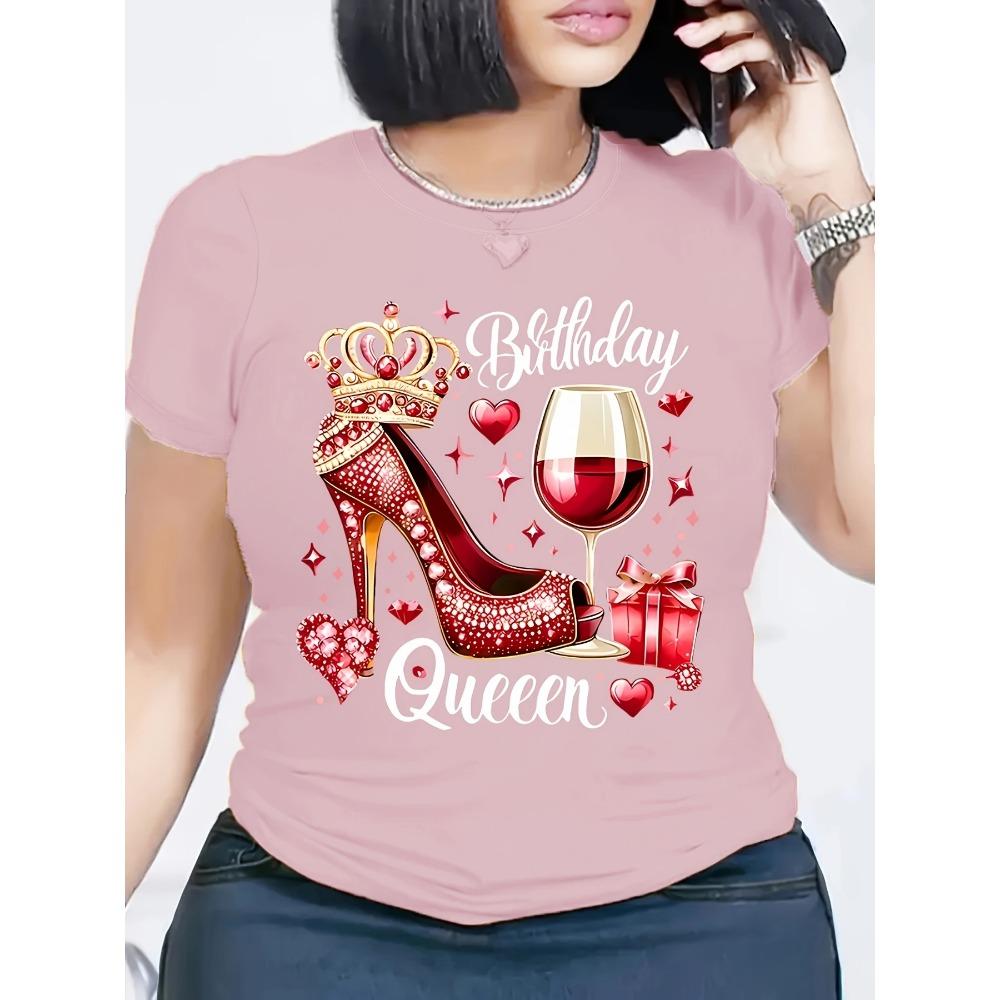Red Birthday Queen Women's High Heels and Crown Wine Glass Pattern Tshirt Casual Short Sleeve Round Neck T-shirt Machine Wash