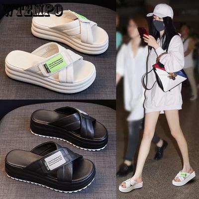 Модернизированная версия тапочек из искусственной кожи, женские летние туфли на толстой подошве с открытым носком и нескользящей модной подошвой Muffin