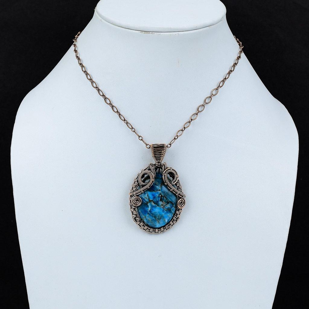 Неоновый апатитовый кулон, обернутый медной проволокой, неоновые апатитовые украшения, медные украшения ручной работы, чудесный драгоценный камень, кулон, подарок на годовщину