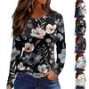 Women's Fashion Casual Slit Hem Round Neck Long Sleeve Loose Printed T-Shirt Ladies Top