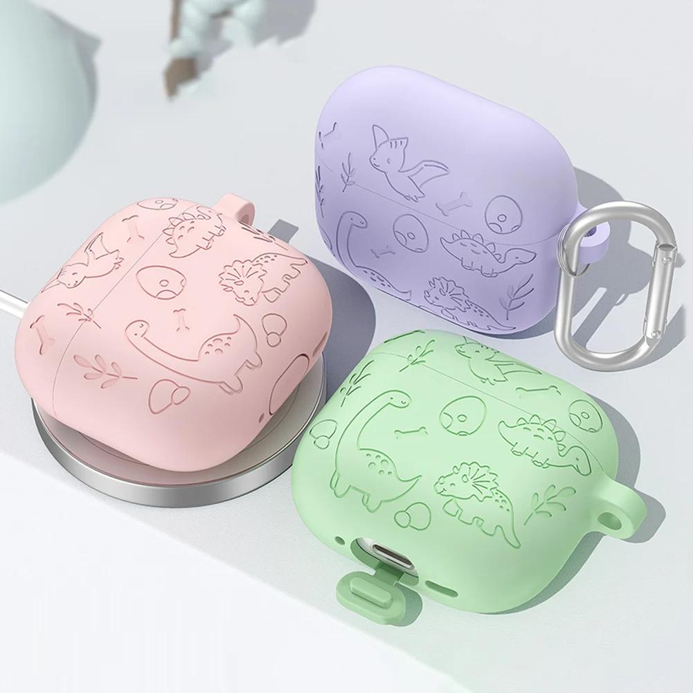 Silicone Case Protector with Carabiner Engraved Flower Dinosaur Case Soft Silicone Skin Protective Case for AirPods 4 Gen (2025)