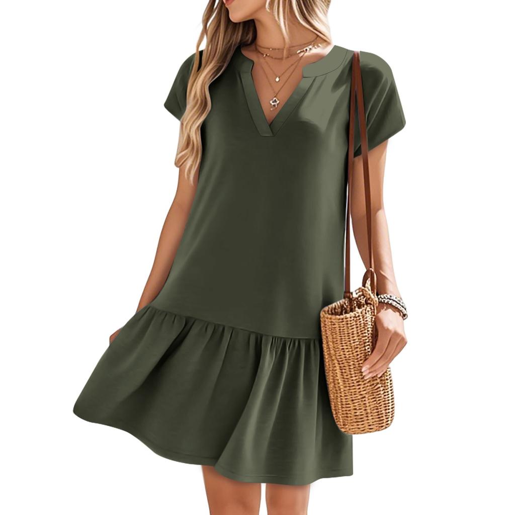 Women's Dresses Short Sleeve V-Neck Solid Color Loose Casual Temperament Beach Dresses