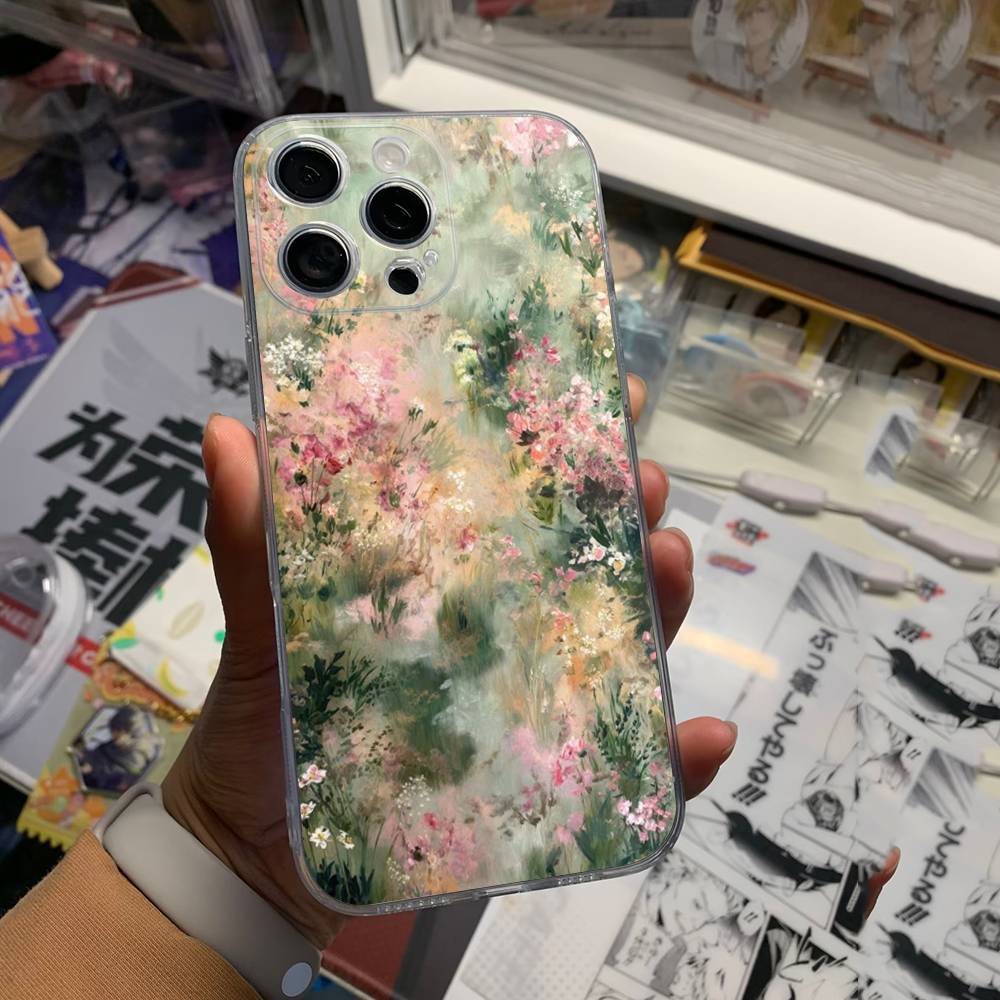Цветочный узор Синее Цветочное Море Чехол для Телефона Для iPhone 17 16 15 14 13 12 11 Pro Max Plus Mini Прозрачный Мягкий Чехол Тонкий ТПУ