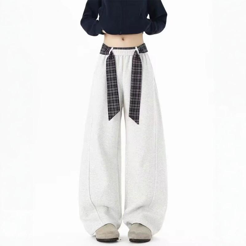 Korean Contrast Color Plaid Belt Sweatpants Unisex Elastic Waist Wide Leg Casual Pants