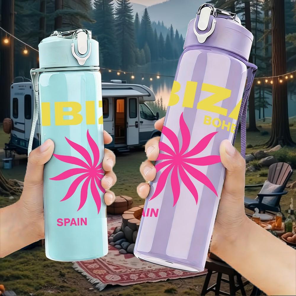 1PC Ibiza Spain Flower Logo 750ml Color Plastic Sports Water Bottle Leakproof Flip Straw Lid Suitable for Sports Office Home Use