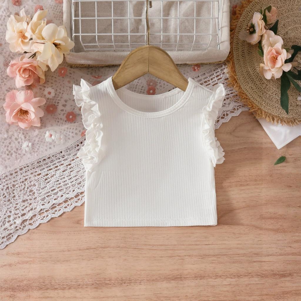 Летний комплект для девочек: топ без рукавов с оборками и джинсовые шорты