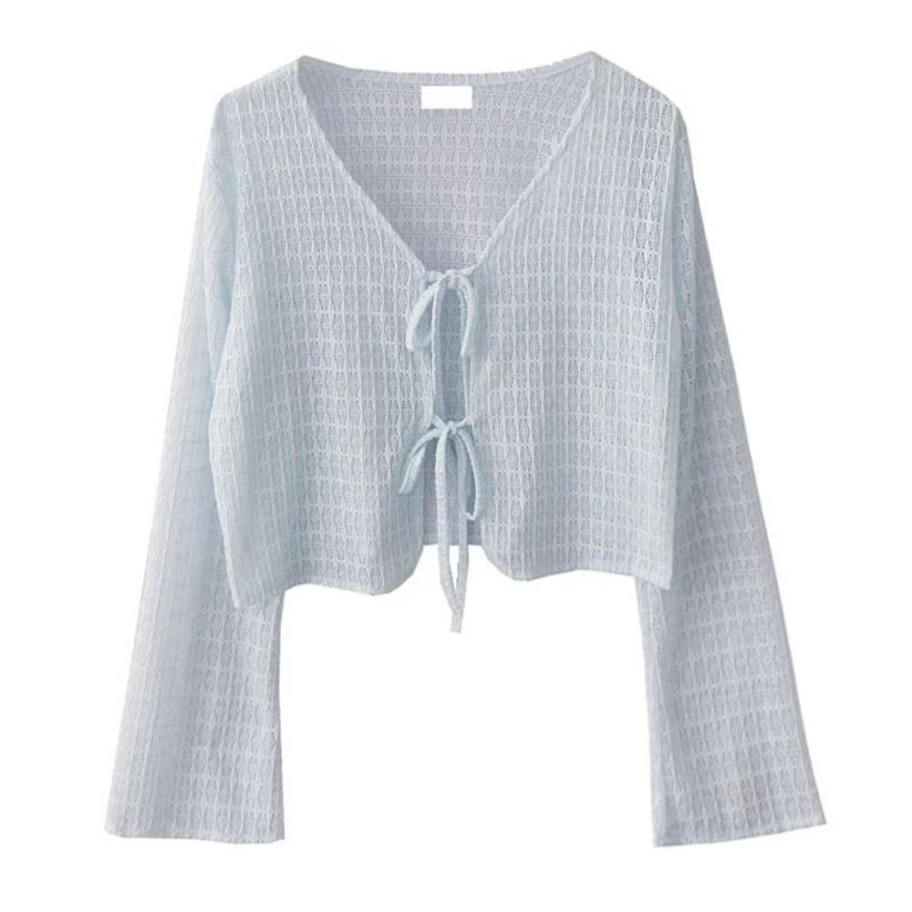 Синий кардиган-блузка Женская тонкая вязаная солнцезащитная одежда с юбкой на подтяжках