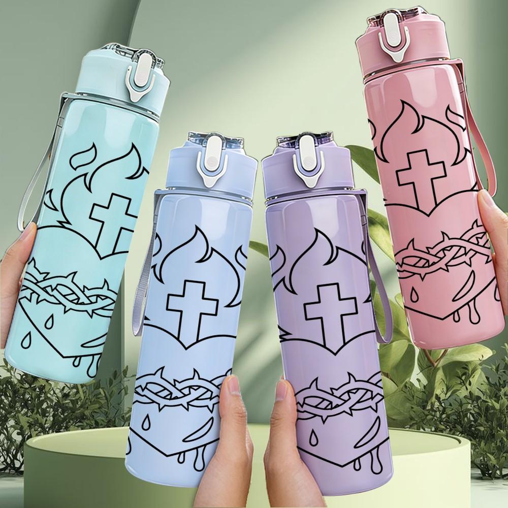 1PC Thorn Heart Cross Faith 750ml Color Plastic Sports Water Bottle Leakproof Flip Straw Lid Suitable for Sports Office Home Use