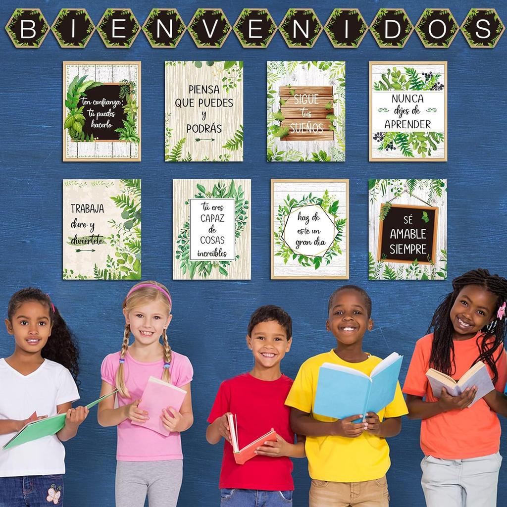 gisgfim 19 Pieces Bienvenidos Spanish Posters Spanish Motivational pirational Banner with Adhesive Dots for Kids Students Teacher Classroom
