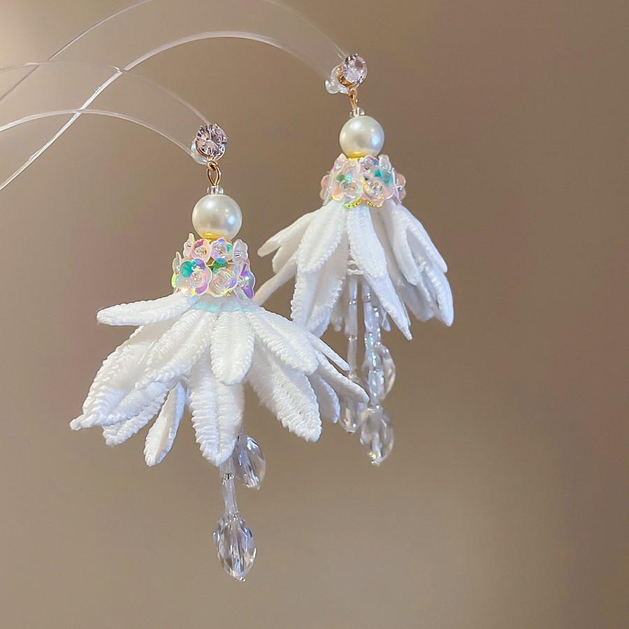 Серьги с кисточками в виде цветов из шифона "Серебряная игла", Милый стиль Мори, Дофаминовый тренд, Универсальные женские серьги