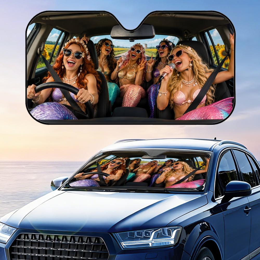 Funny Mermaid with Sunglasses Sun Visor Car Windshield Sunshade UV Protection Reflective Foldable Heat Insulation Cover