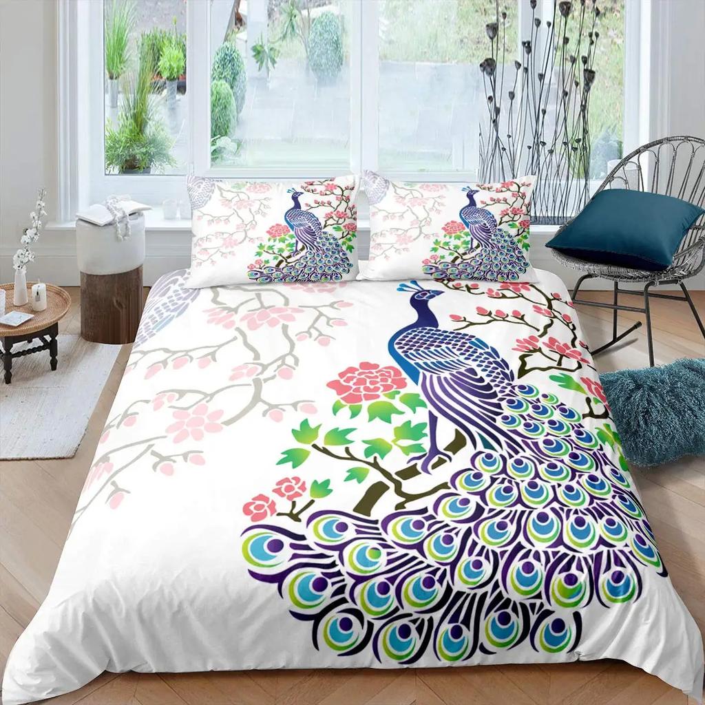 Peacock Duvet Cover Set Elegant Gorgeous Blue Feather Comforter Cover Girls Women Pink Flower Birds Animal Polyester Qulit Cover